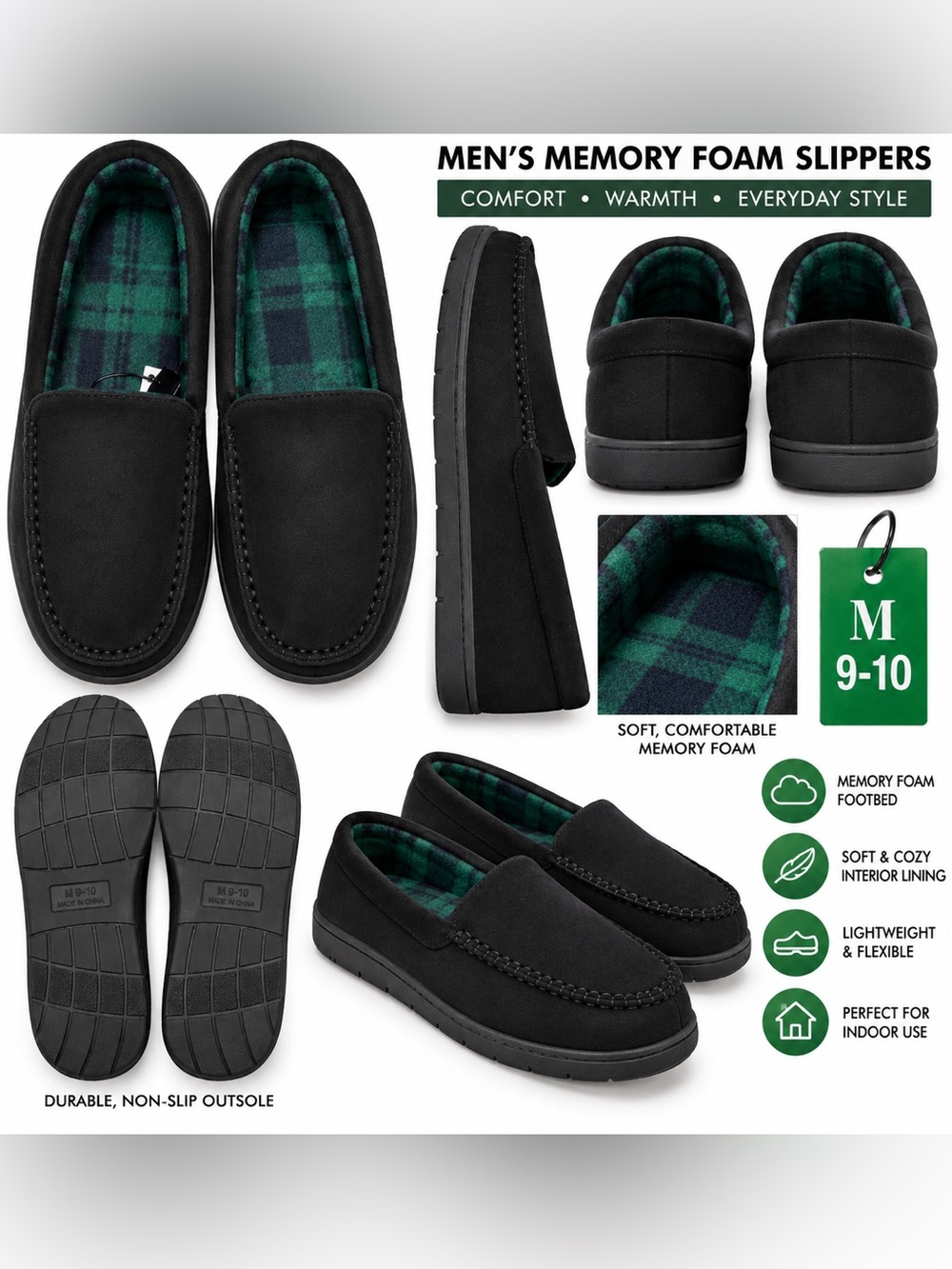 WEST LOOP MEMORY FOAM MEN’S SLIPPERS – BLACK SIZE M 9/10 – (NEW WITH TAGS) B9